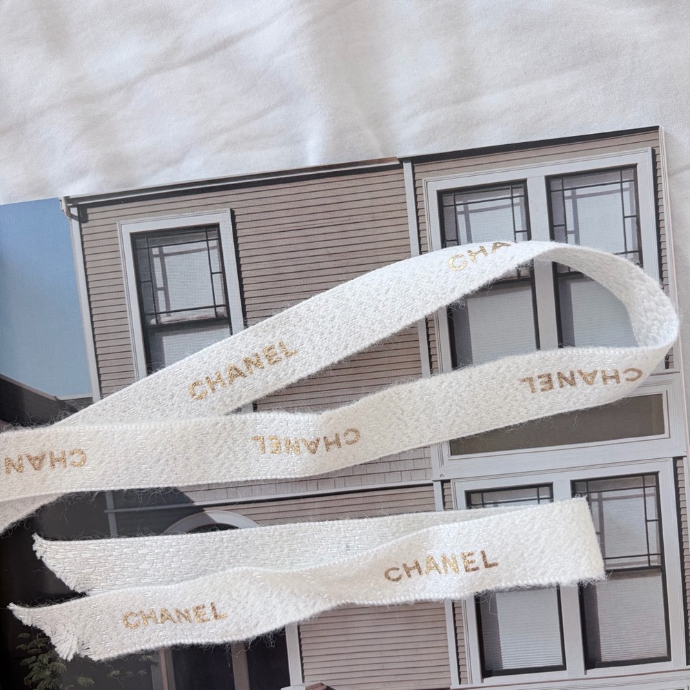 CHANEL White Ribbon Trim with Gold Logo